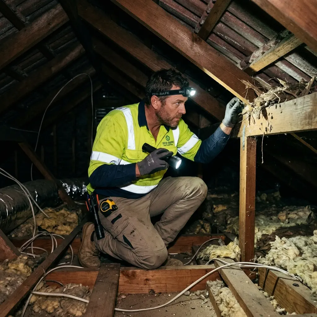 Technician inspecting a roof cavity for a dead animal in Weir Views