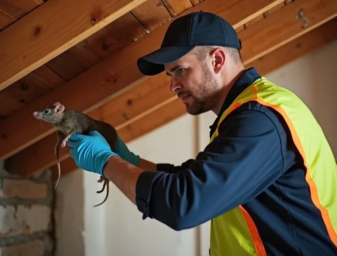 Technician inspecting a roof cavity for a dead rat in Weir Views